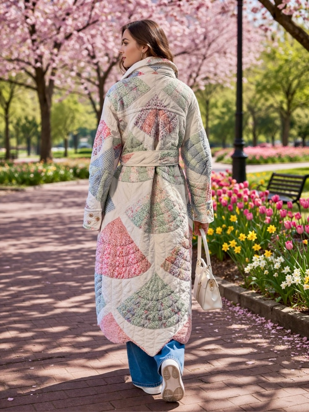 💕SOLD 🧵HANDMADE Fan Patchwork Long Quilt Belted Coat in Pastel Floral S/M - Picture 3 of 16